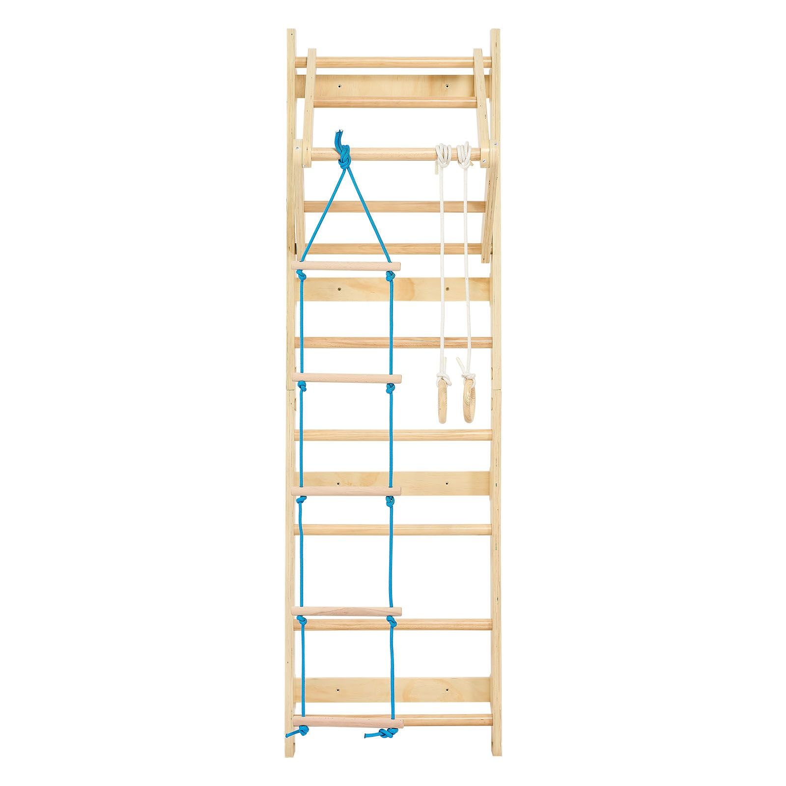 swedish ladder wall gym, 4 in 1 8 level indoor jungle gym, 220lbs loading solid wood gymnastic stall bars, indoor playground climbing playset with gym rings, pull up bar, rope ladder