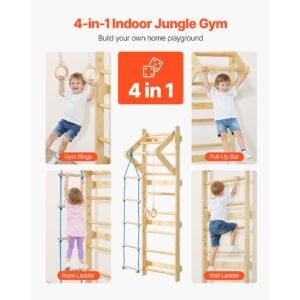 swedish ladder wall gym, 4 in 1 8 level indoor jungle gym, 220lbs loading solid wood gymnastic stall bars, indoor playground climbing playset with gym rings, pull up bar, rope ladder