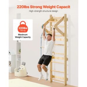 swedish ladder wall gym, 4 in 1 8 level indoor jungle gym, 220lbs loading solid wood gymnastic stall bars, indoor playground climbing playset with gym rings, pull up bar, rope ladder
