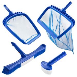 Swimming Pool Cleaning Kit, Includes 2 Detachable Brush Heads (20 Inch / 5.5 Inch) and 2 Pool Skimmer Nets, 4-in-1 Inground/Above Ground Pools Cleaning Tools Set for Leaf, Fine Mesh, No Poles