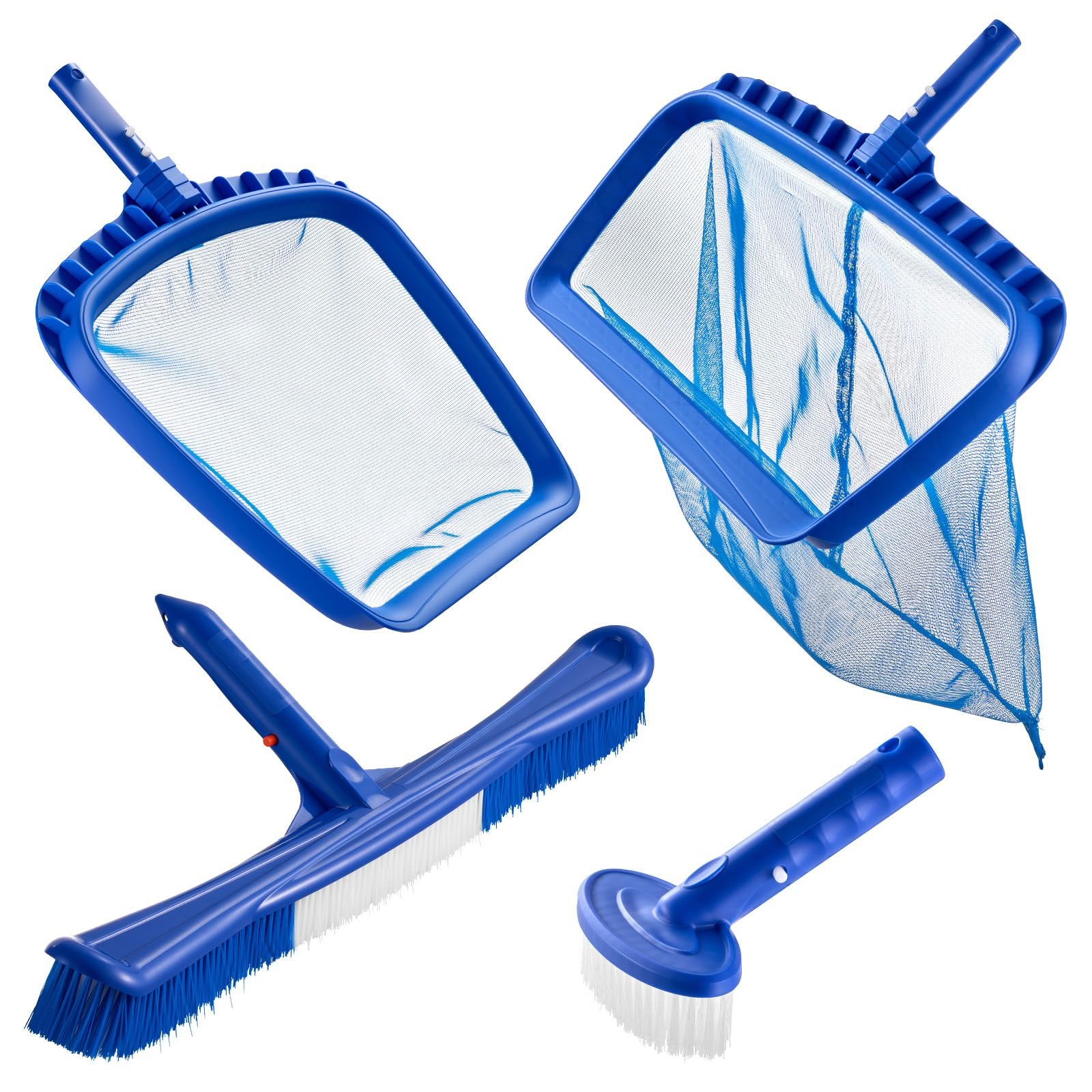 swimming pool cleaning kit, includes 2 detachable brush heads (20 inch / 5.5 inch) and 2 pool skimmer nets, 4 in 1 inground/above ground pools cleaning tools set for leaf, fine mesh, no poles