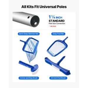 swimming pool cleaning kit, includes 2 detachable brush heads (20 inch / 5.5 inch) and 2 pool skimmer nets, 4 in 1 inground/above ground pools cleaning tools set for leaf, fine mesh, no poles