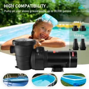 swimming pool pump 1.5hp 115v 1100w, single speed pumps for above ground, powerful pool pumps with strainer filter basket, 5280 gph max. flow, certification of etl for security