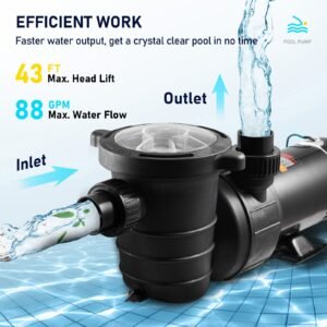 swimming pool pump 1.5hp 115v 1100w, single speed pumps for above ground, powerful pool pumps with strainer filter basket, 5280 gph max. flow, certification of etl for security