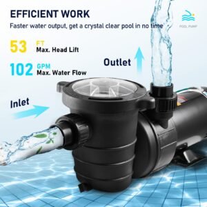 swimming pool pump 2.0hp 115v 1500w, single speed pumps for above ground pool, powerful pool pumps with strainer basket, 5400 gph max. flow, etl certification