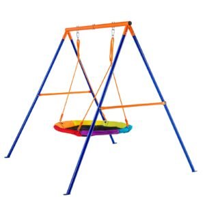 swing sets for backyard, 440lbs load capacity swing set, 40" saucer swing seat with heavy duty a frame metal swing stand and adjustable rope, easy to assemble, swingset outdoor for kids