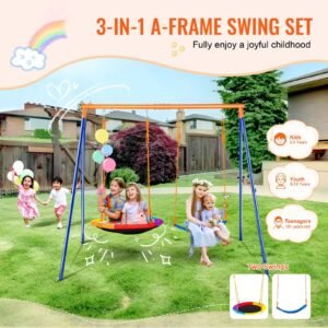 swing sets for backyard, 440lbs load capacity swing set, with 1 saucer swing seat, 1 belt swing seat, heavy duty a frame metal swing stand and adjustable rope, swingset outdoor for kids