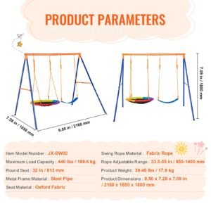 swing sets for backyard, 440lbs load capacity swing set, with 1 saucer swing seat, 1 belt swing seat, heavy duty a frame metal swing stand and adjustable rope, swingset outdoor for kids