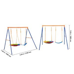 swing sets for backyard, 440lbs load capacity swing set, with 1 saucer swing seat, 1 belt swing seat, heavy duty a frame metal swing stand and adjustable rope, swingset outdoor for kids