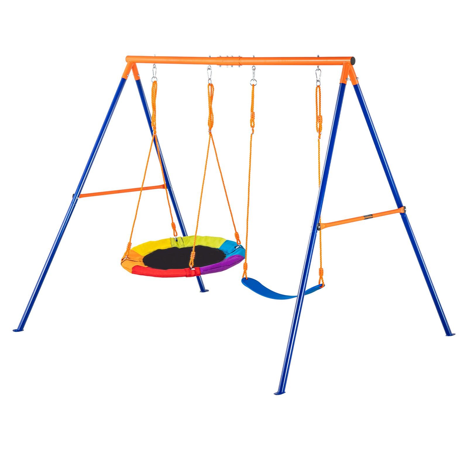 swing sets for backyard, 440lbs load capacity swing set, with 1 saucer swing seat, 1 belt swing seat, heavy duty a frame metal swing stand and adjustable rope, swingset outdoor for kids
