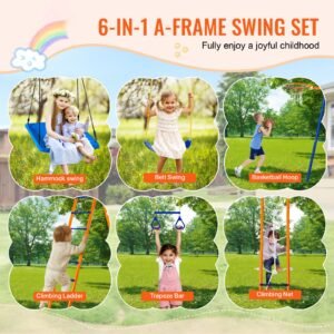 swing sets for backyard, 6 in 1 swing set with 2 swings, trapeze bar, climbing ladder, climbing net, and basketball hoop, 440lbs load capacity heavy duty metal swingset outdoor for kids ages 3+