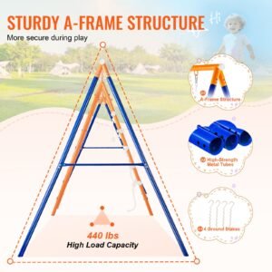 swing sets for backyard, 6 in 1 swing set with 2 swings, trapeze bar, climbing ladder, climbing net, and basketball hoop, 440lbs load capacity heavy duty metal swingset outdoor for kids ages 3+