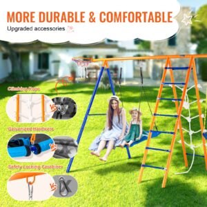 swing sets for backyard, 6 in 1 swing set with 2 swings, trapeze bar, climbing ladder, climbing net, and basketball hoop, 440lbs load capacity heavy duty metal swingset outdoor for kids ages 3+