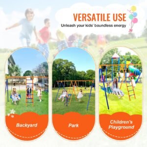 swing sets for backyard, 6 in 1 swing set with 2 swings, trapeze bar, climbing ladder, climbing net, and basketball hoop, 440lbs load capacity heavy duty metal swingset outdoor for kids ages 3+