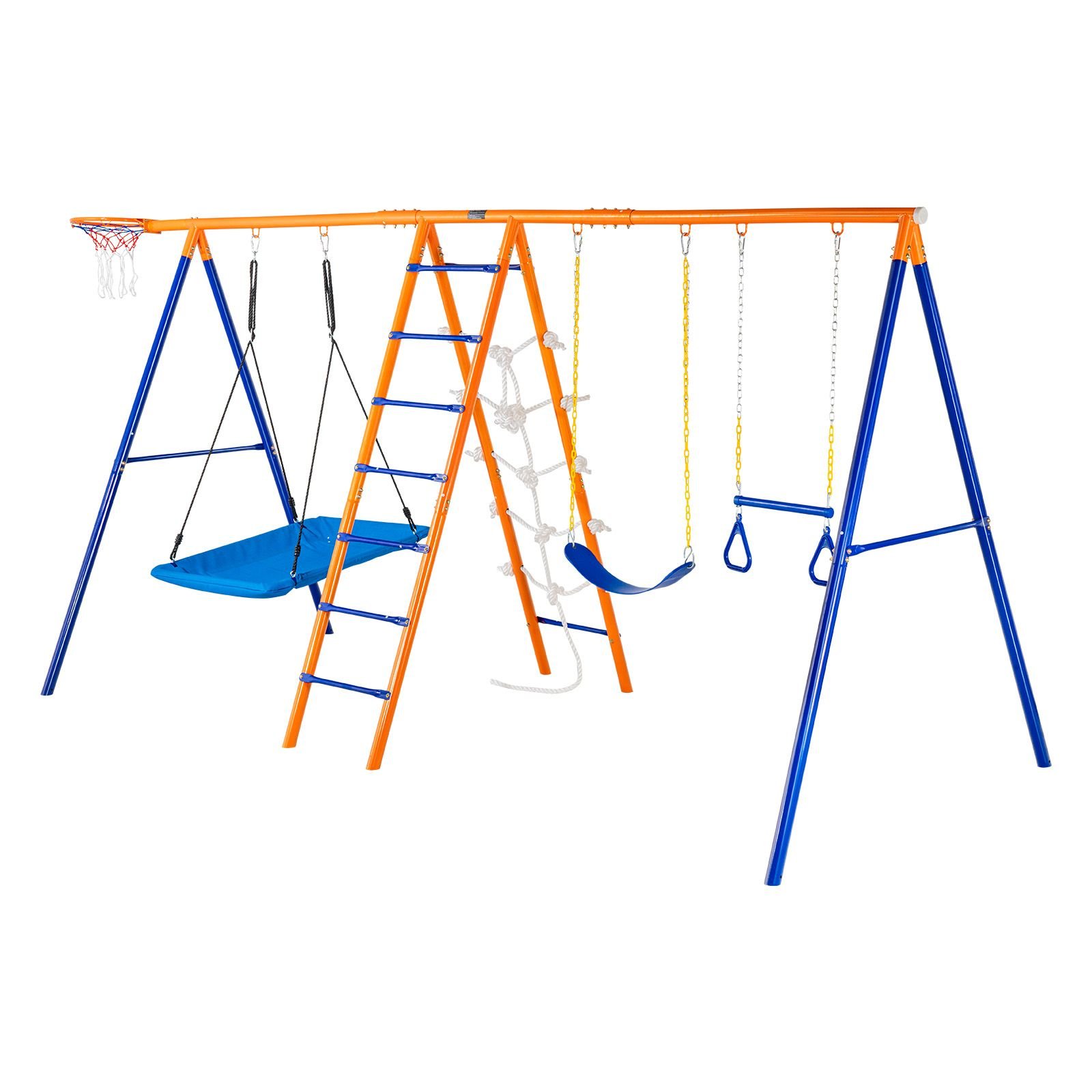 swing sets for backyard, 6 in 1 swing set with 2 swings, trapeze bar, climbing ladder, climbing net, and basketball hoop, 440lbs load capacity heavy duty metal swingset outdoor for kids ages 3+
