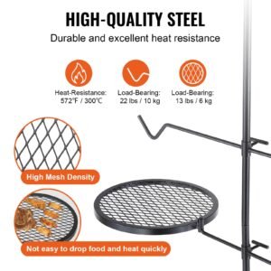 swivel campfire grill, fire pit grill grate over fire pits, heavy duty steel grill grates, 360° adjustable open fire outdoor cooking equipment, portable camp fire racks for camping outdoor bbq