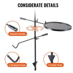 swivel campfire grill, fire pit grill grate over fire pits, heavy duty steel grill grates, 360° adjustable open fire outdoor cooking equipment, portable camp fire racks for camping outdoor bbq