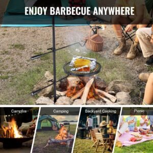swivel campfire grill, fire pit grill grate over fire pits, heavy duty steel grill grates, 360° adjustable open fire outdoor cooking equipment, portable camp fire racks for camping outdoor bbq