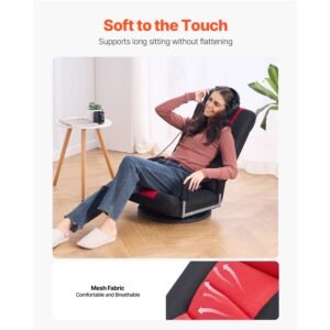swivel floor gaming chair with armrests, 360 degree rotating floor chair with 6 adjustable position folding backrest and lumbar support, folding video reclining sofa for tv reading, red black