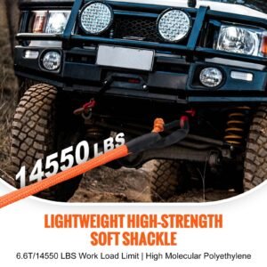 synthetic soft shackle, 1/2" x 22" (2 pack) 44092 lbs (20 ton) breaking strength recovery tow shackles with extra 2 sleeves & storage bag for utv, atv, trucks, jeep, off road vehicles, orange