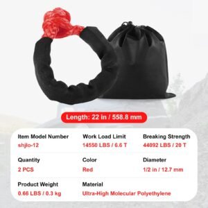 synthetic soft shackle, 1/2" x 22" (2 pack) 44092 lbs (20 ton) breaking strength recovery tow shackles with extra 2 sleeves & storage bag for utv, atv, trucks, jeep, off road vehicles, red