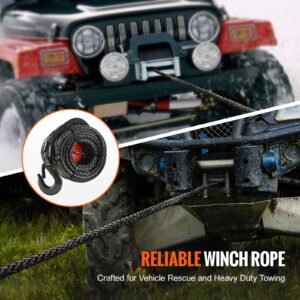 synthetic winch rope, 3/8 inch x 100 feet 26,500 lbs synthetic winch line cable rope with protective sleeve + forged winch hook + pull strap, universal fit for suv, large off road vehicle, truck