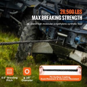synthetic winch rope, 3/8 inch x 85 feet 26,500 lbs synthetic winch line cable rope with protective sleeve + forged winch hook + pull strap, universal fit for suv, large off road vehicle, truck