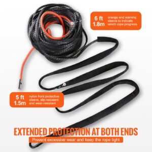 synthetic winch rope, 3/8 inch x 85 feet 26,500 lbs synthetic winch line cable rope with protective sleeve + forged winch hook + pull strap, universal fit for suv, large off road vehicle, truck