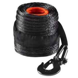 Synthetic Winch Rope, 3/8 Inch x 85 Feet 26,500 lbs Synthetic Winch Line Cable Rope with Protective Sleeve + Forged Winch Hook + Pull Strap, Universal Fit for SUV, Large Off-Road Vehicle, Truck