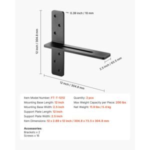 t shelf brackets 2 pcs, 200 lbs/90 kg weight capacity, 12x2.89x12 in / 304.8x73.5x304.8 mm, solid steel heavy duty brackets for shelves, countertop support floating bracket hardware with screws