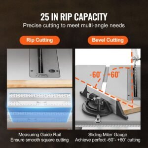 table saw for jobsite, 10 inch 15 amp, 25 in max rip capacity, cutting speed up to 4500rpm, 40t blade, portable compact tablesaw with sliding miter gauge for diy woodworking and furniture making