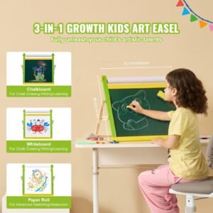 tabletop art easel for kids, 3 in 1 wooden double sided kid's art easel with magnetic whiteboard, chalkboard, paper roll, foldable portable drawing board with painting accessories for boys girls
