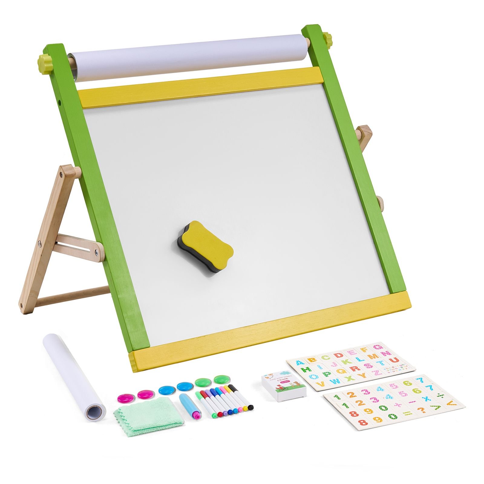tabletop art easel for kids, 3 in 1 wooden double sided kid's art easel with magnetic whiteboard, chalkboard, paper roll, foldable portable drawing board with painting accessories for boys girls