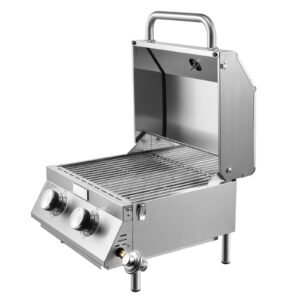Tabletop Gas Grill, 2-Burner Stainless Steel Portable Propane Grill, with Built-in Thermometer, Travel Locks, Weatherproof Lid, 15,000 BTU Total, for Outdoor Cooking, Patio, Party, Camping, RV