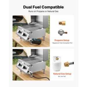 tabletop gas grill, 2 burner stainless steel portable propane grill, with built in thermometer, travel locks, weatherproof lid, 15,000 btu total, for outdoor cooking, patio, party, camping, rv