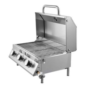 Tabletop Gas Grill, 3-Burner Stainless Steel Portable Propane Grill, with Built-in Thermometer, Travel Locks, Weatherproof Lid, 22,500 BTU Total, for Outdoor Cooking, Patio, Party, Camping, RV