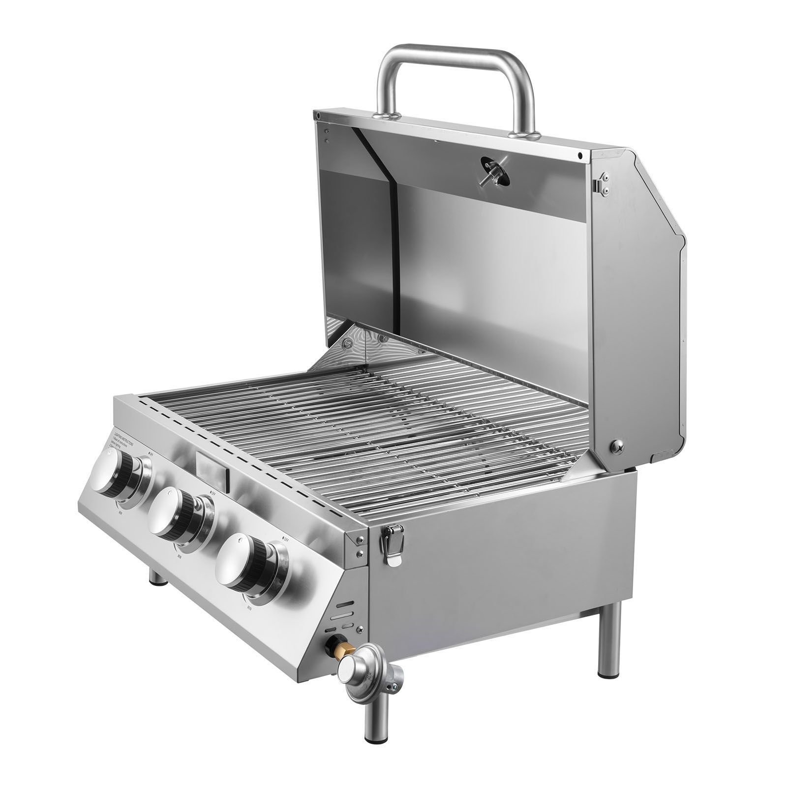 tabletop gas grill, 3 burner stainless steel portable propane grill, with built in thermometer, travel locks, weatherproof lid, 22,500 btu total, for outdoor cooking, patio, party, camping, rv
