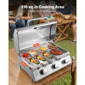 tabletop gas grill, 3 burner stainless steel portable propane grill, with built in thermometer, travel locks, weatherproof lid, 22,500 btu total, for outdoor cooking, patio, party, camping, rv