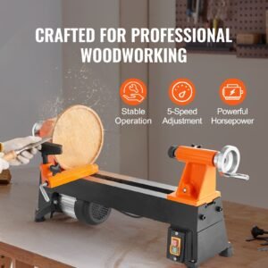 tabletop wood lathe, dimensions 10x18 inches, motor strength 0.5 hp 370w, offers wood crafting with 5 adjustable speeds ranging from 780 to 3840 rpm, includes rod injection, wrenches, facepla