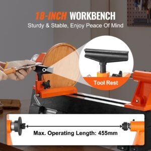 tabletop wood lathe, dimensions 10x18 inches, motor strength 0.5 hp 370w, offers wood crafting with 5 adjustable speeds ranging from 780 to 3840 rpm, includes rod injection, wrenches, facepla