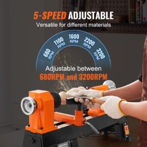 tabletop wood lathe, dimensions 10x18 inches, motor strength 0.5 hp 370w, offers wood crafting with 5 adjustable speeds ranging from 780 to 3840 rpm, includes rod injection, wrenches, facepla
