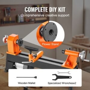 tabletop wood lathe, dimensions 10x18 inches, motor strength 0.5 hp 370w, offers wood crafting with 5 adjustable speeds ranging from 780 to 3840 rpm, includes rod injection, wrenches, facepla