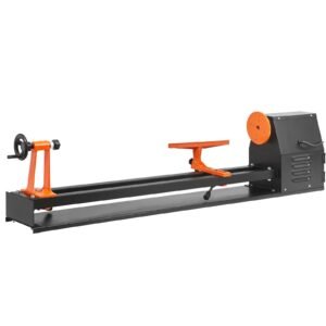 tabletop wood lathe, dimensions 14x40 inches, motor power 0.5 hp 370w, features variable speeds 885/1245/1715/2425 rpm, includes chisels, faceplate, plastic handle, hex wrench, ideal for craf