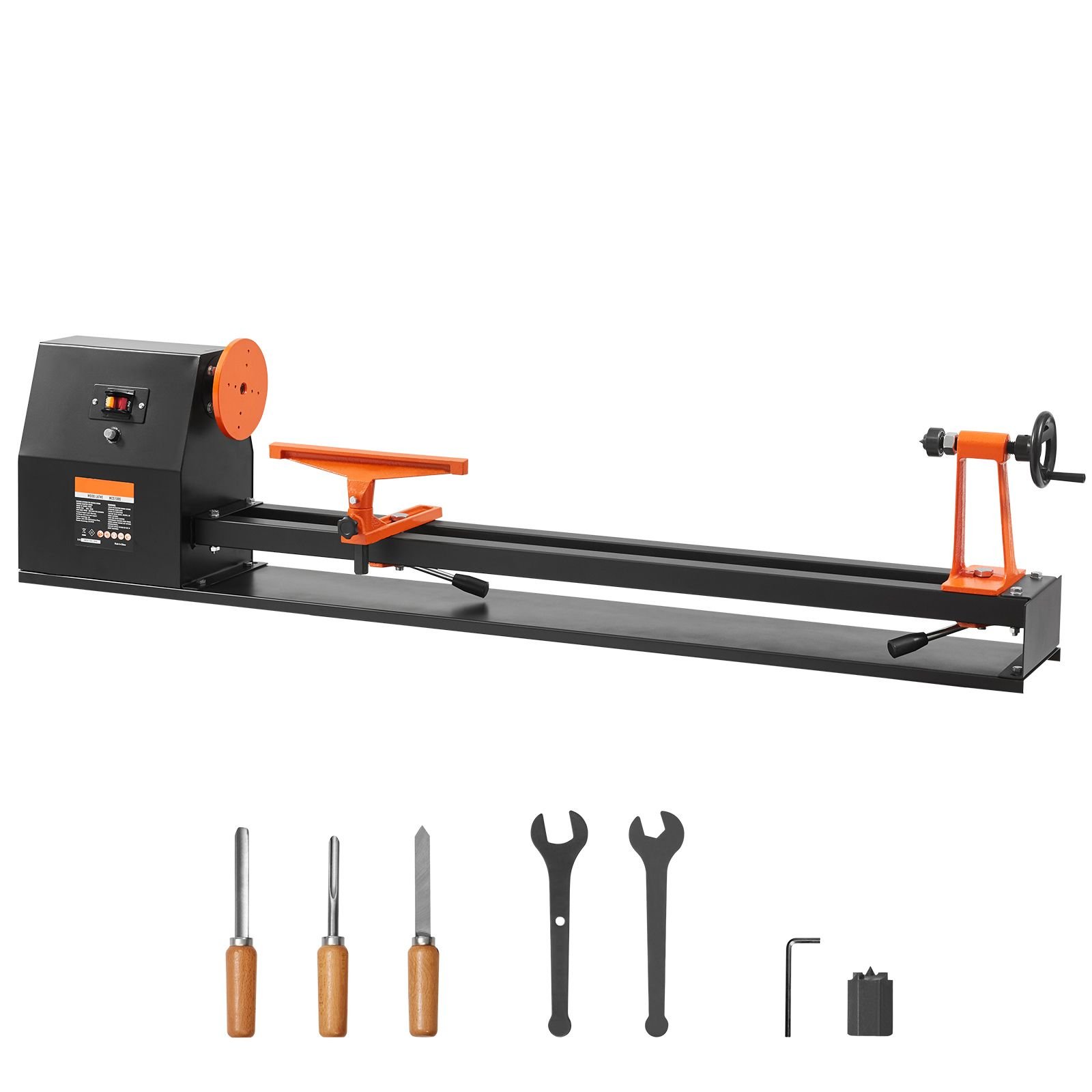 tabletop wood lathe, dimensions 14x40 inches, motor power 0.5 hp 370w, features variable speeds 885/1245/1715/2425 rpm, includes chisels, faceplate, plastic handle, hex wrench, ideal for craf