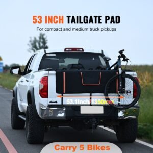 tailgate bike pad, 53" truck tailgate pad carry 5 mountain bikes, tailgate protection pad with reflective strips and tool pockets, tailgate pad with camera opening for mid size pickup trucks