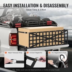 tailgate net, 54 in x 18 in, heavy duty cargo net for truck bed with 4 adjustable telescopic straps, cross reinforced design, extendable & durable, suitable for pickup, truck, trailer, jeep, suv