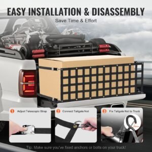tailgate net, 60 in x 18 in, heavy duty cargo net for truck bed with 4 adjustable telescopic straps, extendable & durable, flexible adjustment, suitable for pickup, trailer, truck, jeep, suv