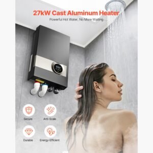 tankless electric water heater, 27kw instant hot water heater under sink, on demand for bathroom, kitchen, office with lcd touch screen, child security lock ,space saving, 240v black