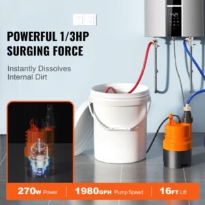 tankless water heater flushing kit, includes efficient pump & 5 gallon pail & 2 hoses & descaling powder, wrench and adapter for quick install easy to start, water heater flush kit