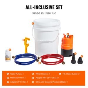 tankless water heater flushing kit, includes efficient pump & 5 gallon pail & 2 hoses & descaling powder, wrench and adapter for quick install easy to start, water heater flush kit